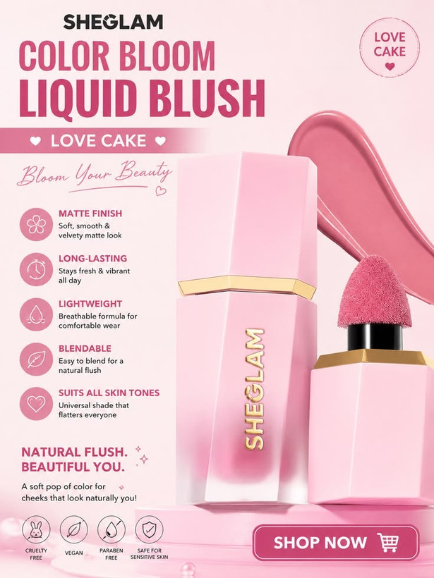 🎀رژگونه مایع اورجینال لاو کیک شیگلم (SHEGLAM) Color Bloom (پیگمنت بالا و فینیش مات) نقد و بررسی + نحوه استفاده